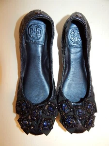 Tory Burch 6 M Azalea Dark Navy Blue Leather Jeweled Bow Ballet Flats - Picture 1 of 5