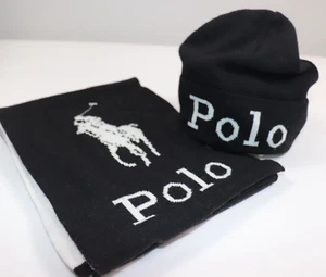 NEW RALPH LAUREN Unisex Hat Scarf Set Black White POLO PONY Winter $169 - Picture 1 of 6