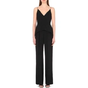 SPORTMAX Size 8 Peplum Wide Leg Crepe Jumpsuit V-Neck Black Minimalist - Picture 1 of 10