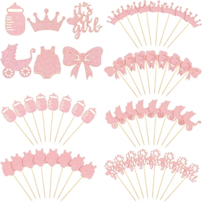 48 Piezas Baby Shower Cupcake Toppers para Niñas Rosa Brillo Bebé Niña Comida   Foto 1 de 4