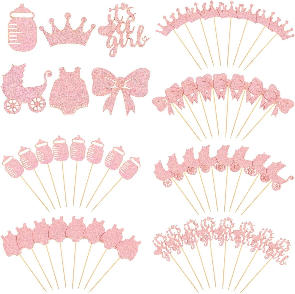 48 Piezas Baby Shower Cupcake Toppers para Niñas Rosa Brillo Bebé Niña Comida   Foto 1 de 4