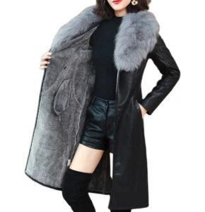 Abrigos de cuero PU para mujer cuello de piel sintética chaqueta de longitud media informal delgada elegante cálida - Imagen 1 de 9