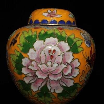 Exquisito noble cobre Cloisonne esmalte talla flor flor almacenamiento maceta tarro Foto 1 de 4
