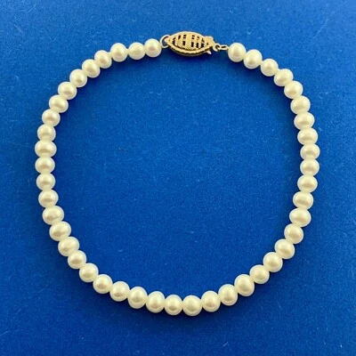 Designer RTI 10K Yellow Gold White Pearl Beaded Tennis Bracelet - Image 1 of 4