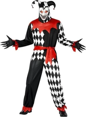 Mens Evil Jester Costume Light Up Mask Adult Scary Red Eye Clown Suit Halloween - Image 1 of 4