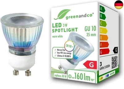 greenandco GU10 35mm LED Spot | 3W 160 lm | 3000K warmweiß | 50° | 230V | CRI 9 - Bild 1 von 4