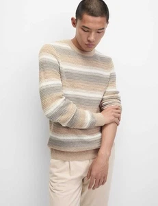 Marks & Spencer Mens Beige Cotton Crew Striped Long sleeved Jumper - M&S - Picture 1 of 12