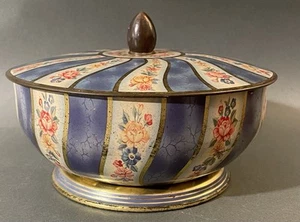 Vintage Cardy Tin Container with Lid Belgium Blue Gold Stripe Floral Design - Picture 1 of 11