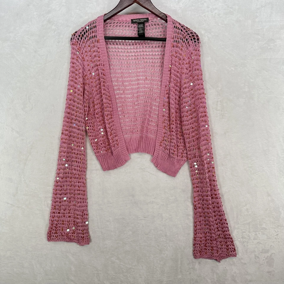 Suéter Vintage Bisou Bisou Mujer XL Rosa Crochet Lentejuelas Recortado Glamour Cárdigan Foto 1 de 4