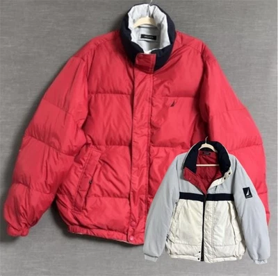 Vintage Nautica Puffer Jacket L Red Reversible Down Winter Coat 90s y2k Gorp - Image 1 of 4