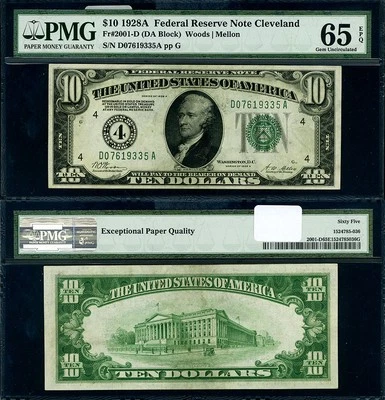 FR. 2001 D $10 1928-A Federal Reserve Note Cleveland D-A Block Gem PMG CU65 EPQ - Image 1 of 3