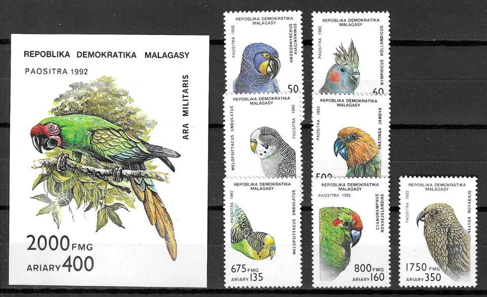 Madagascar 1992 Wildlife Fauna Birds Vögel Oiseaux Parrots compl set + SS MNH - Image 1 of 1