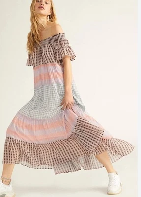 $168 Free People Beach Club Plaid Midi Maxi Dress Smocked Gingham Patchwork S - Image 1 of 4