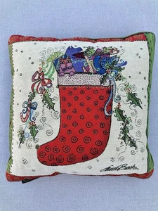 Cuscino lancio arazzo natalizio Laurel Burch 18” gatto uccellini in calza stravagante - Foto 1 di 6