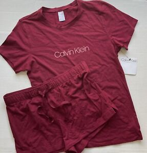 Women's Calvin Klein Logo Knit T-Shirt & Shorts Sleep Set Burgundy Size Medium