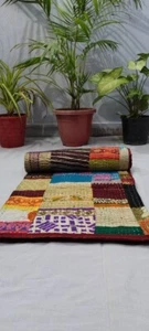 Indian Handmade Silk Patchwork Twin Size Kantha Quilt Throw Blanket Bedspread - Picture 1 of 5
