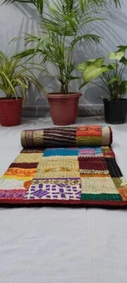 Indian Handmade Silk Patchwork Twin Size Kantha Quilt Throw Blanket Bedspread - Image 1 of 4