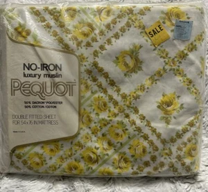 Vintage Pequot Yellow Floral Double Fitted Bottom Sheet NOS New Berkeley Square - Picture 1 of 5