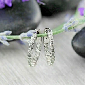 2.20Ct Round Cut VVS1/D Diamond Huggie Hoop Wedding Earrings 14k White Gold Over - Picture 1 of 9