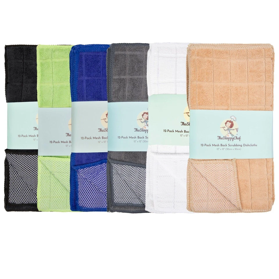 12 Pack of Mesh Backed Scrubbing Kitchen Dishcloths, 12x12, Color Options - Imagem 1 de 4