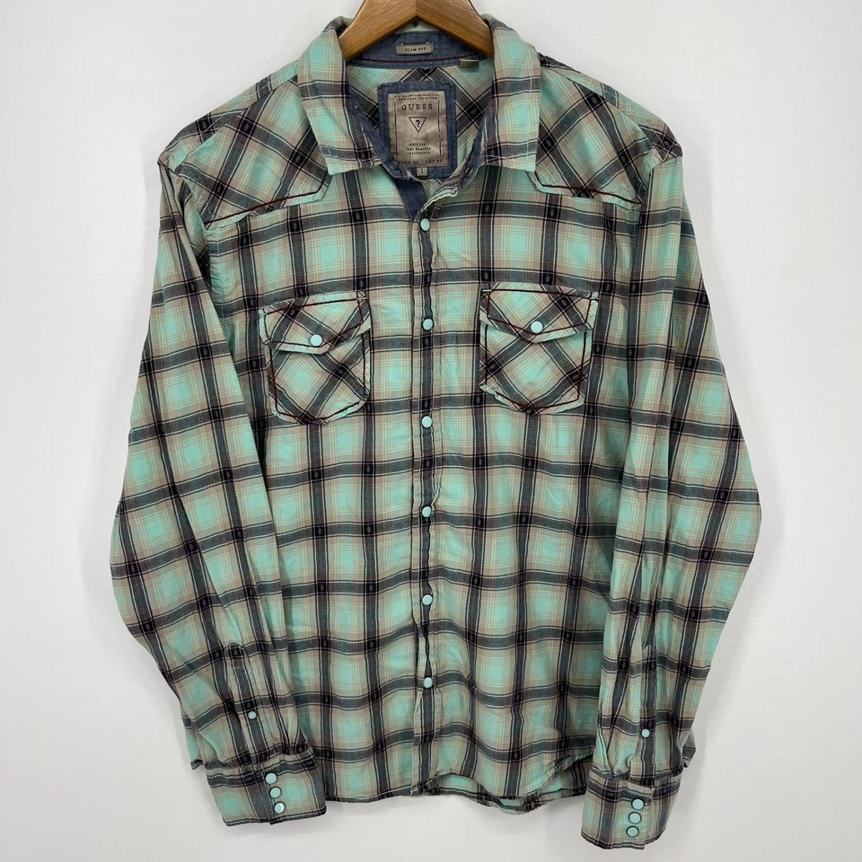Guess Long Sleeve Pearl Snap Shirt Men's Size L Green Aztec Tribal Print Western - Image 1 of 4