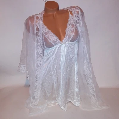 Vintage Lingerie Set Robe & Gown Medium Chemise Slip Kimono White Sheer Nylon - Image 1 of 4