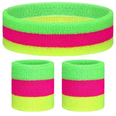 Conjunto de 3 pulseiras de moletom neon Knitgrip anos 80 pulseira e faixa de cabeça cor War Acce... - Imagem 1 de 4