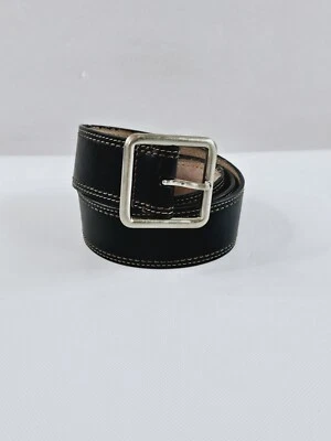 Cinturón de cuero negro de diseñador Ann Taylor con cubo tono plateado talla grande Foto 1 de 4