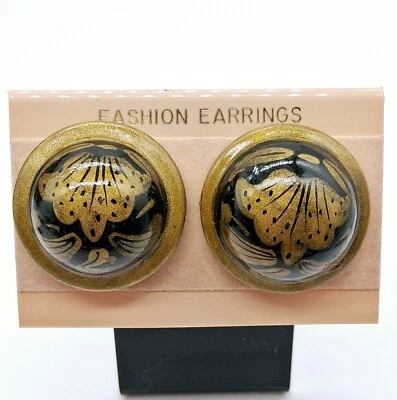 Vintage Made in India Pierced Earrings Wood Dome Round Floral Green Black - Image 1 of 3