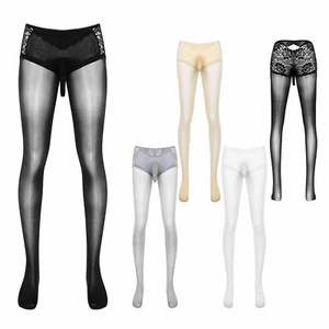Men's Skinny Stretchy Sheer Lace Pantyhose with Sheath Pouch Tights AU - Picture 1 of 49