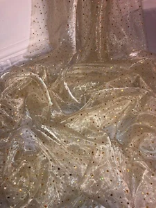 1 MTR LIGHT GOLD SPARKLY SEQUIN HOLOGRAM ORGANZA VOIL DRAPING FABRIC 58” WIDE - Picture 1 of 3