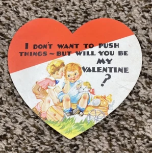 Vintage Valentines Day Card Boy Girl Dog on Cart Don't Want to Push Things - Picture 1 of 3