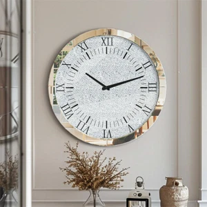 Elegant Crushed Crystal Mirrored Wall Clock Sparkle Diamante Beveled Edge Clock - Picture 1 of 13