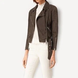 ALLSAINTS Hitchen Brown Suede Leather Biker Jacket Size 00 - Picture 1 of 9