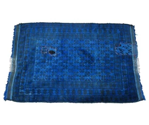 Vintage Hand Knotted Wool Blue & Black Geometric Prayer Rug Area Mat 3 x 5' - Picture 1 of 12