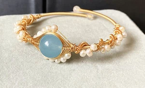 14K GoldWrapped Handmade Bracelet Hailan Baohai Sapphire Natural White Pearl Bra - Picture 1 of 5
