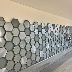 Mosaic Tiles Sheet Habitat Hexagon Silver Glass For Walls Floors 30cm x 30cm