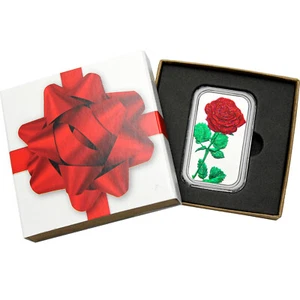 Hand-Enameled Red Rose 1oz .999 Silver Bar by SilverTowne in Red Bow Gift Box - Picture 1 of 8