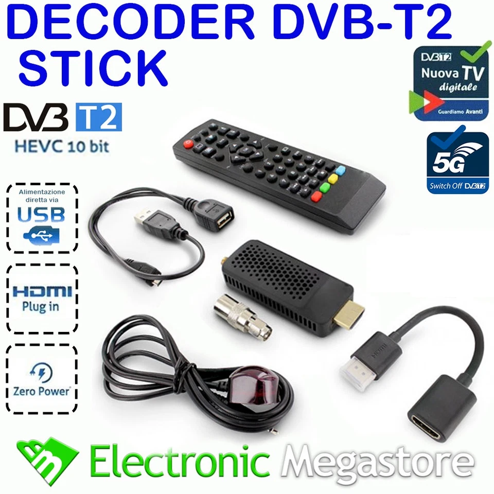 Decoder Digitale Terrestre Dvb-T2 HD HDMI Hevc H265 10 bit Mini Stick Ricevitore - Immagine 1 di 1