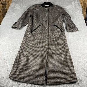 LL Bean VTG Long Brown Wool Over Coat Women's Suede Leather Trim Houndstooth - Picture 1 of 21