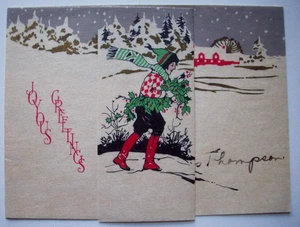 30's? Collecting holly  skiers  vintage Christmas greeting card * XX21 - Picture 1 of 3