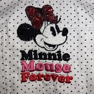 Girls Disney Minnie Mouse White/Black Polka dot Denim Jean Jacket Size 9/10 - Picture 1 of 9