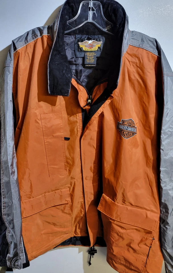 Harley Davidson Hooded Riding Jacket  Men's L Orange Black Reflective Full Zip - Image 1 of 4