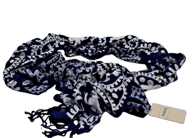 Fossil Francis Crewel Scarf Dark Blue White New! NWT - Image 1 of 3