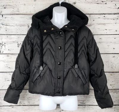 Chaqueta acolchada Coach Fair Isle de longitud corta con capucha gris plumón de pato talla mediana Foto 1 de 4