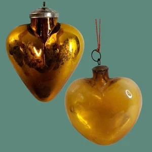 Vintage Kugel Style Crackle Glass Heart Christmas Ornament Gold & Amber Set of 2 - Picture 1 of 10