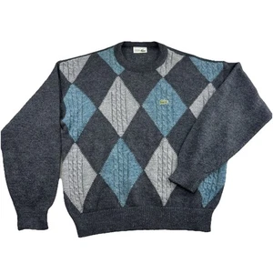 Chemise Lacoste Argyle Pullover Sweater Sz 4 Gray Blue Alpaca Blend Crewneck - Picture 1 of 6