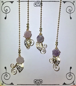 Genuine Hand Carved Amethyst Rose Quartz Gemstone Champagne Gold Lamp Fan Pull - Picture 1 of 11