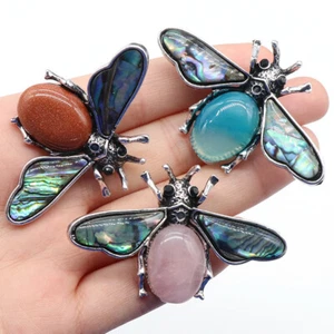 Crystal Quartz & Abalone Shell Tibetan Silver Bee For Pendant Brooch Necklace - Picture 1 of 26
