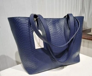 GiGi New York Teddie Tote Leather Python Embossed New w Tags Ocean Blue - Picture 1 of 15